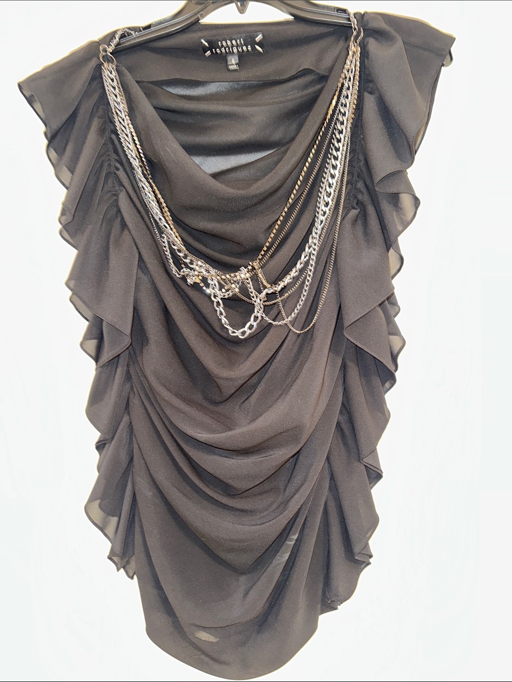 Robert Rodriquez Black Ruffled Draped Top with Chain Detail